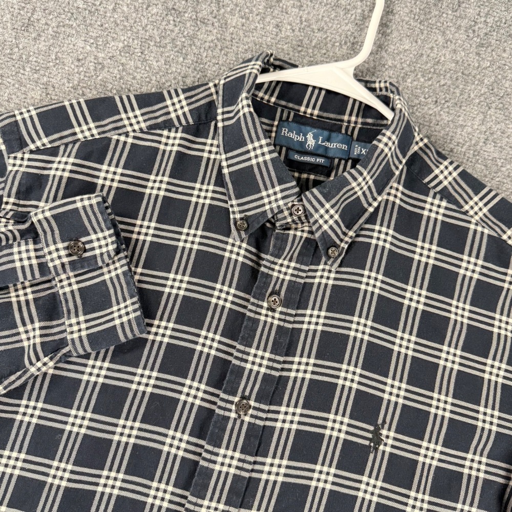 Ralph Lauren Plaid Button Down Shirt Mens XL Navy Blue Cotton Classic Fit
